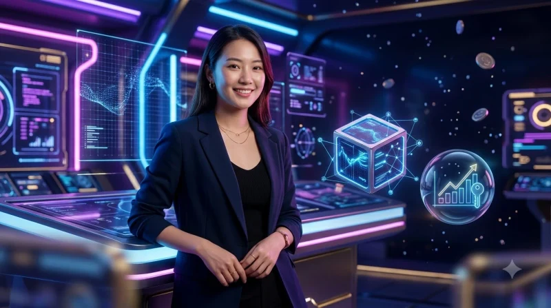 Minh họa nhân viên hỗ trợ khách hàng làm việc tại trạm làm việc holographic tương lai.