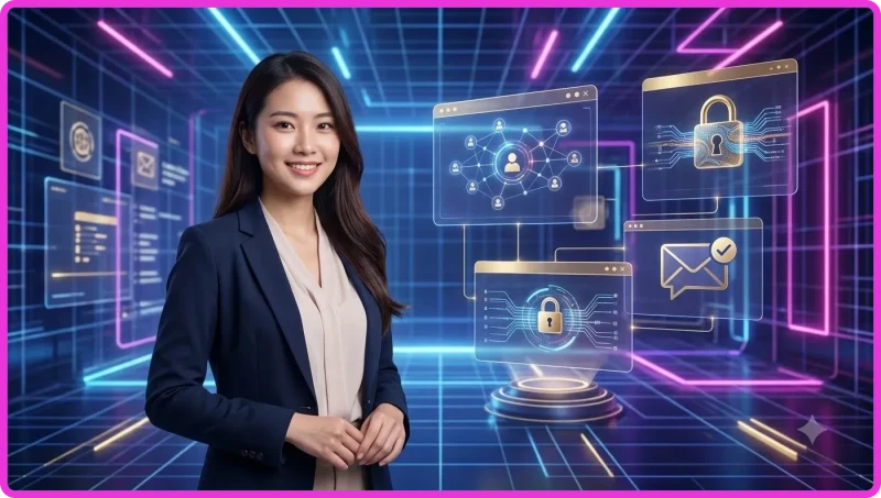 Minh họa nhân viên hỗ trợ khách hàng làm việc tại trạm làm việc holographic tương lai.